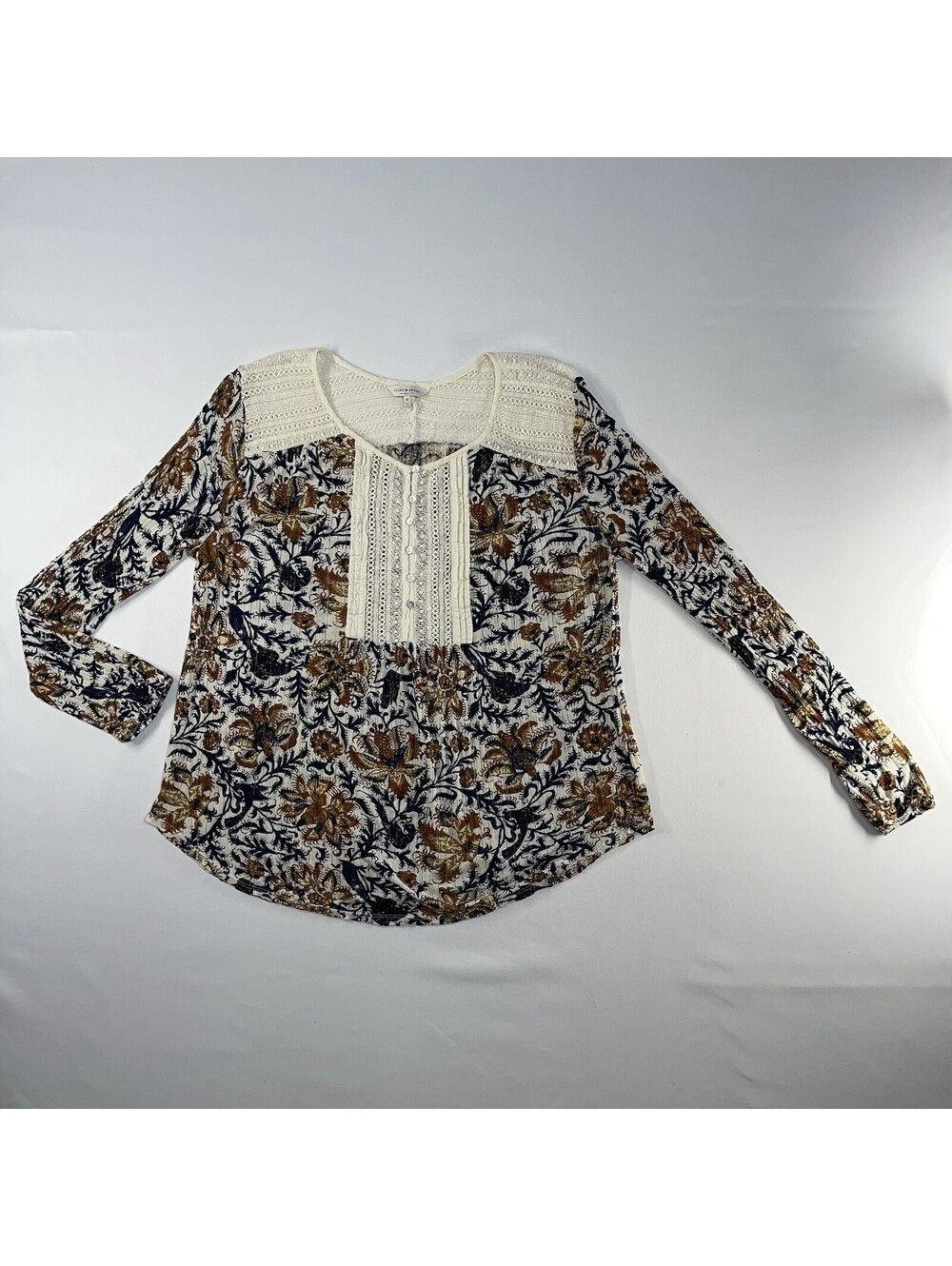 Lucky Brand Womens Top Medium Boho Henley Blouse Lace Yoke Floral Knit Cottage
